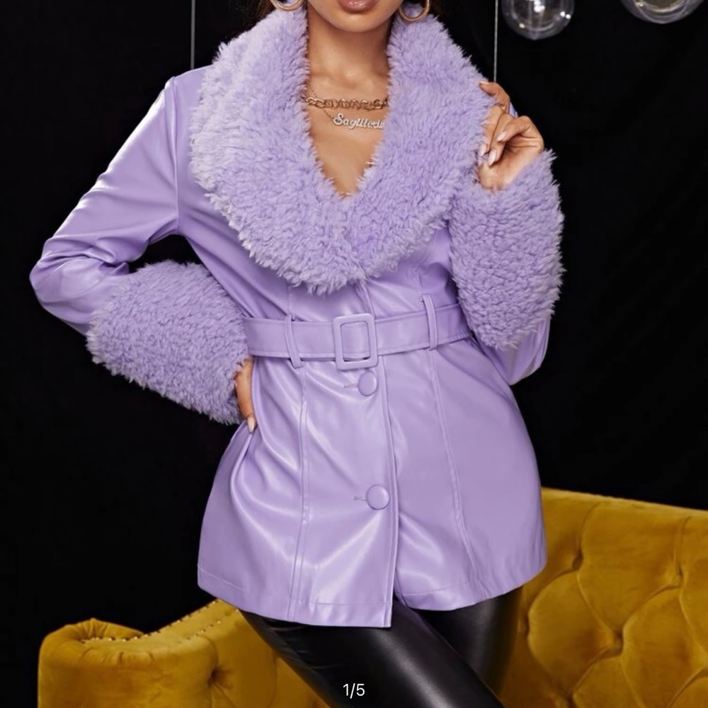 Lilac purple belted fur collar leather jacket